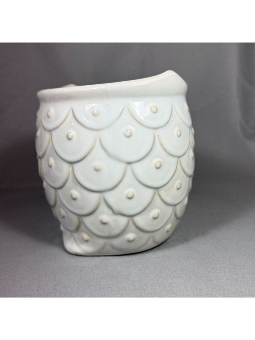 White Ceramic Owl Utensil Holder Crock Embossed Boho Farmhouse Kitchen Decor - Picture 7 of 16